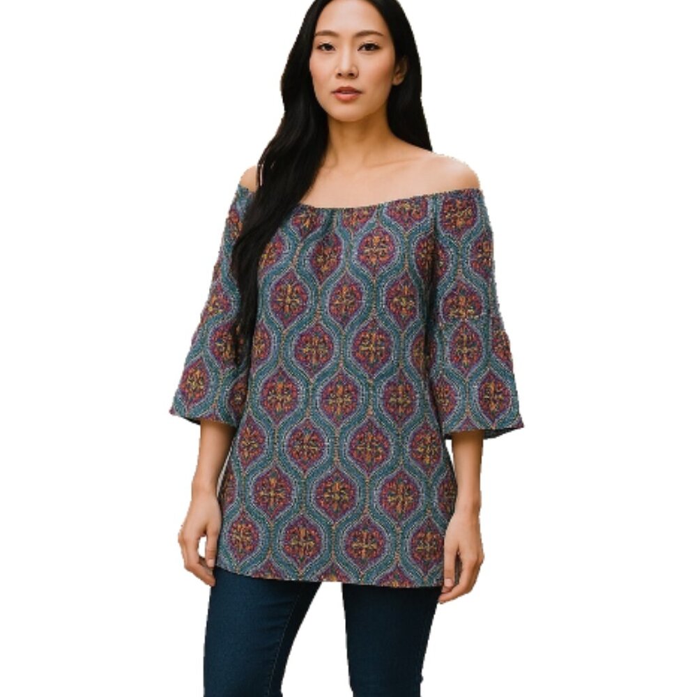 Avani Del Amour Women's Blouse Sz L Off Shoulder Paisley 3/4 Bell Sleeve